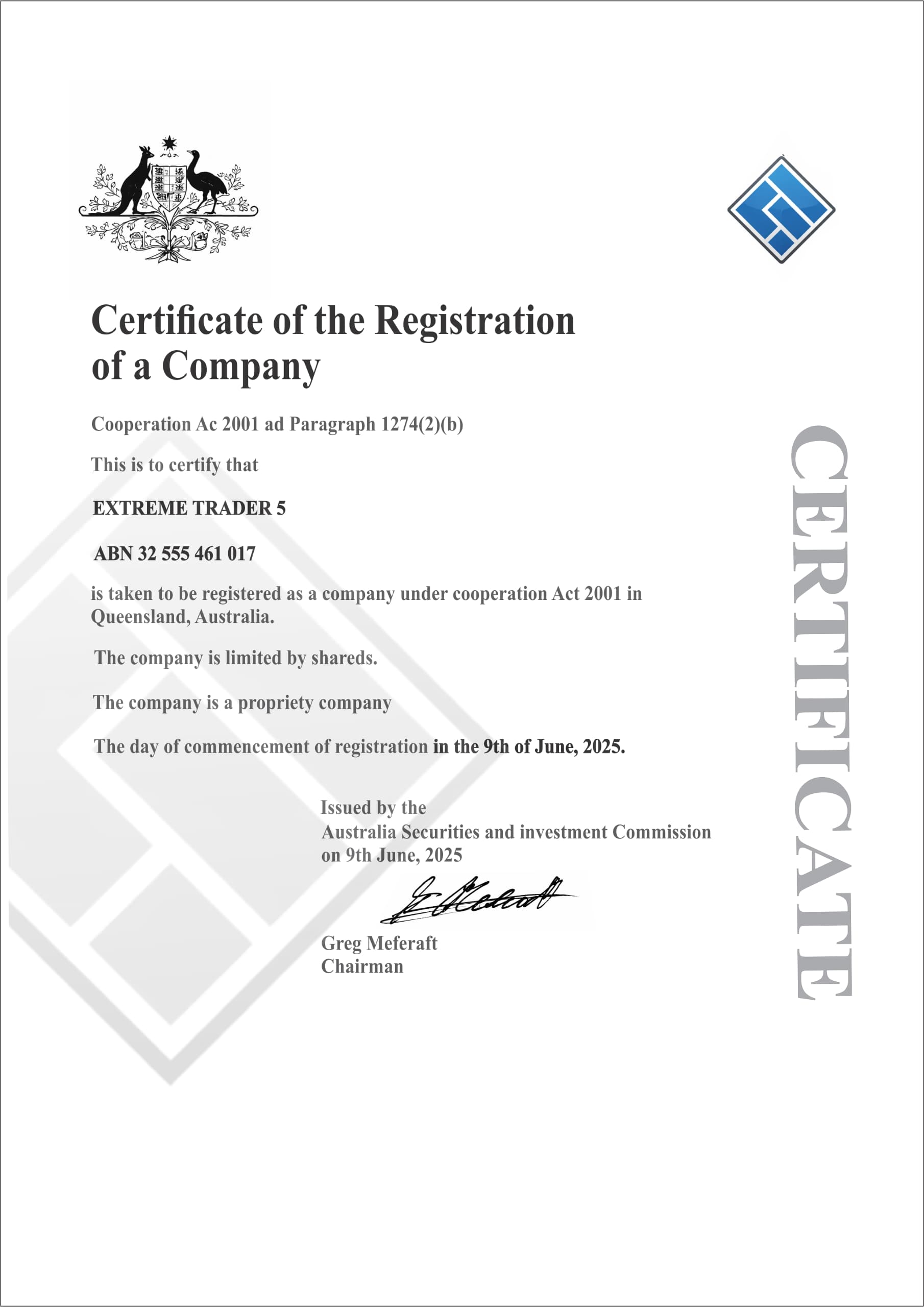 XT5 Registration Certificate